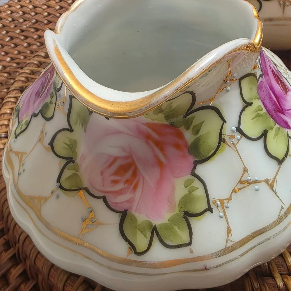 Antique 1890s Nippon Hand Painted Rose Porcelain Creamer & Sugar Bowl Set No Lid